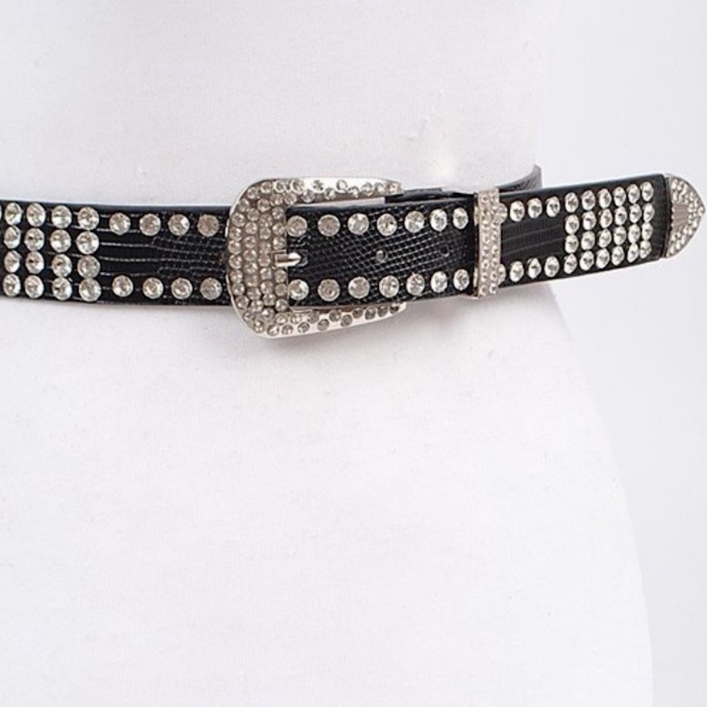 Black Crystal Studded Belt with Silver Buckle - Picture 3 of 5